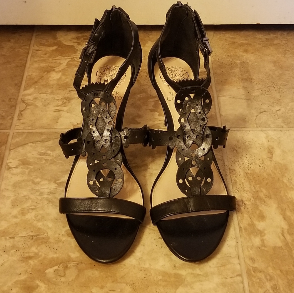 Vince Camuto Laser Cut Black Leather Heels